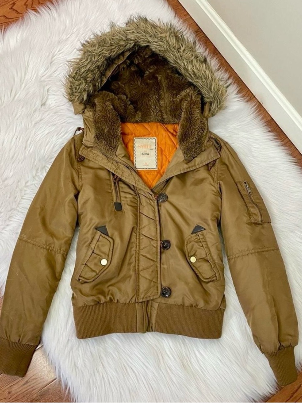 Hooded Bomber Jacket in Brown with Faux-Fur Trim